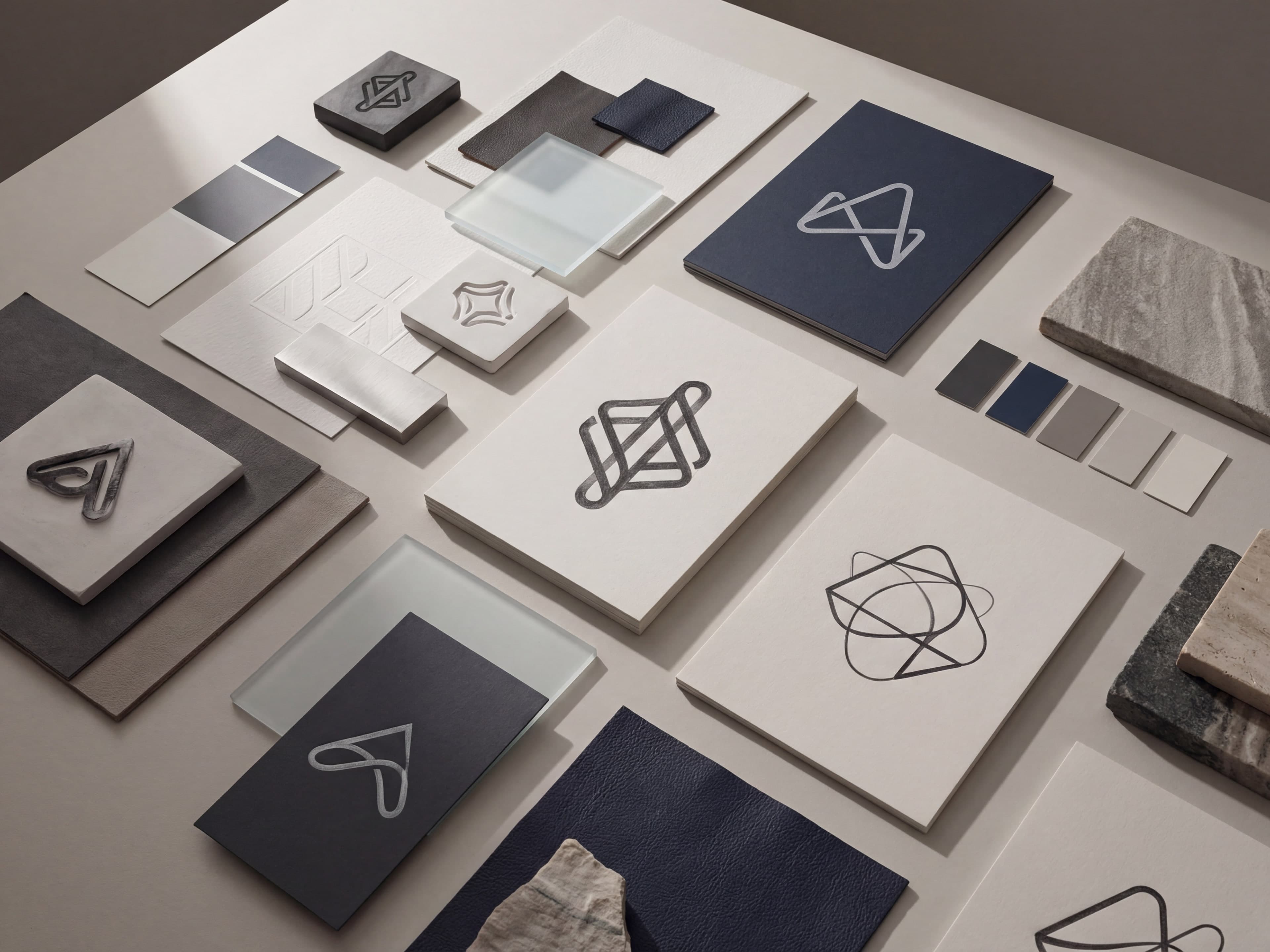 Sample logo concept board with visual identity marks, palette chips, and brand-direction layouts.