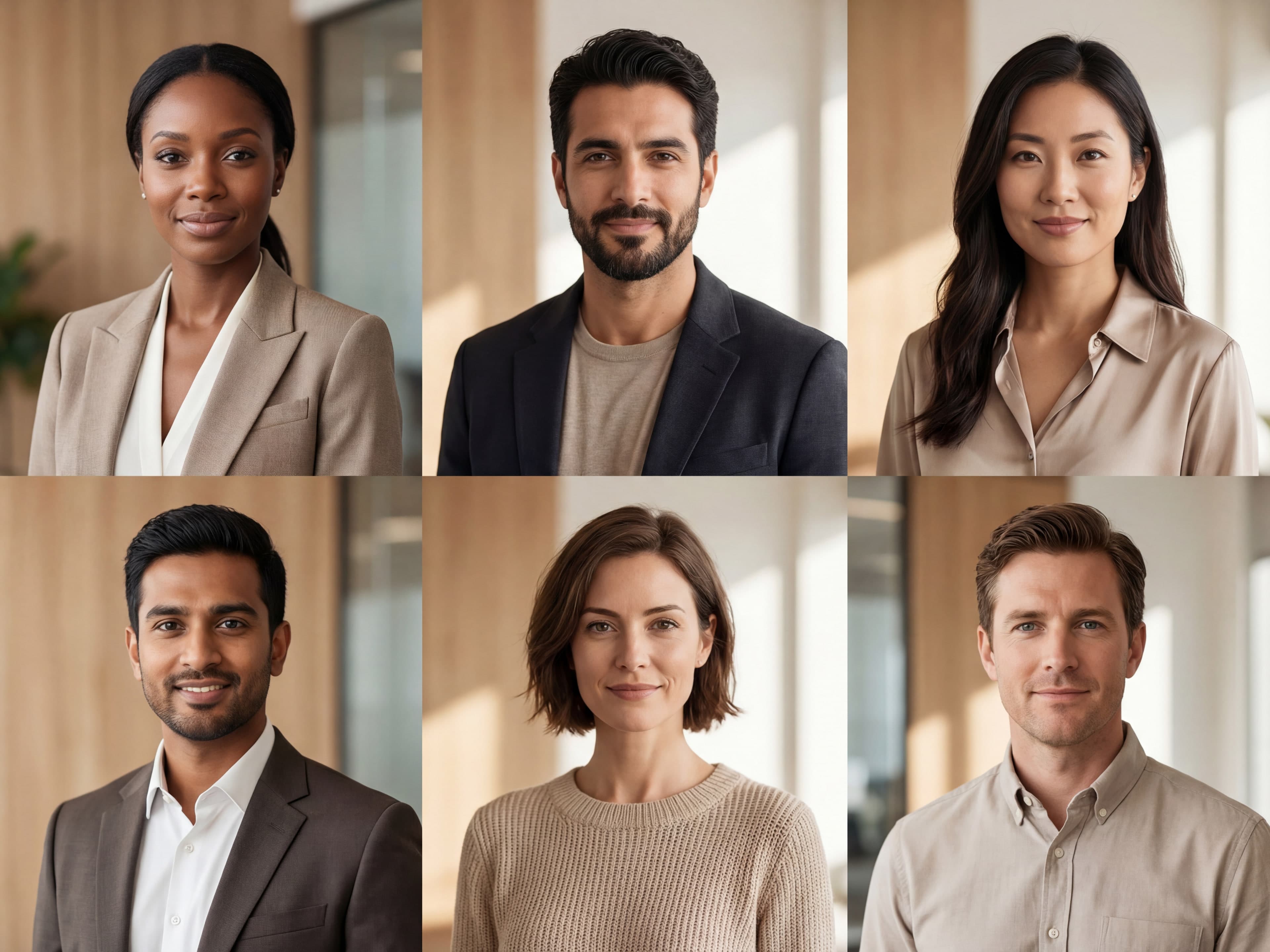 Sample team headshot wall showing multiple consistent business portraits with role labels.