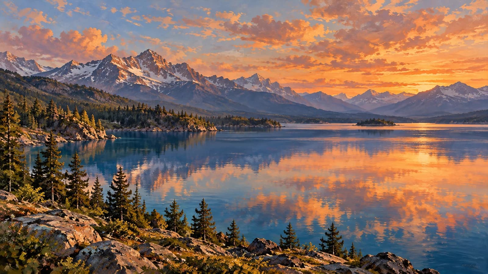 An alpine lake reflecting amber clouds beneath layered mountains