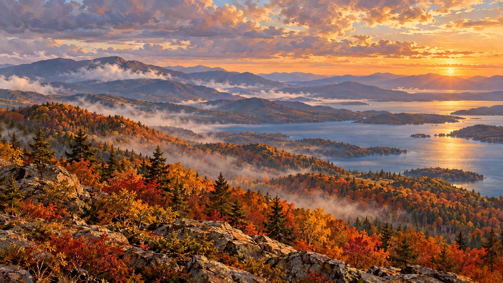 Copper and sage autumn forests across misty ridges above a blue lake