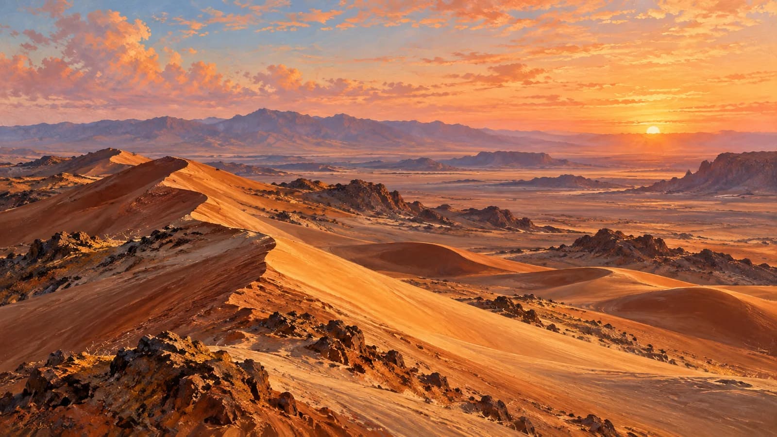Golden desert dunes and distant lavender mountains at sunrise