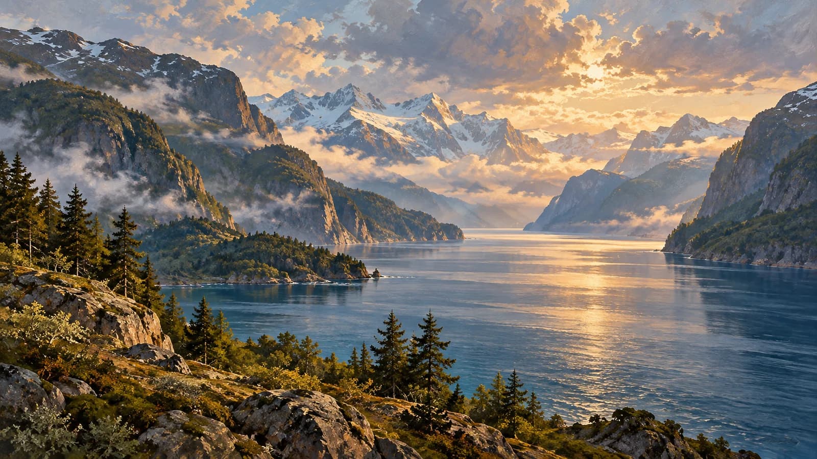 Warm sunlight breaking over a northern fjord and snowy mountains