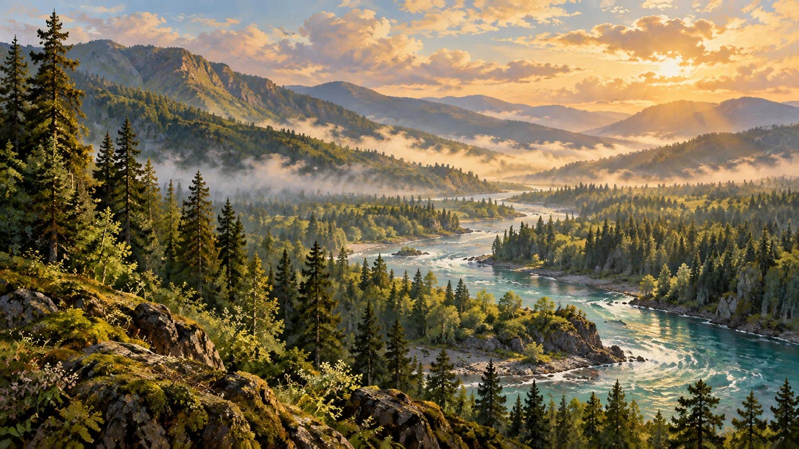 A turquoise river winding through a misty evergreen valley