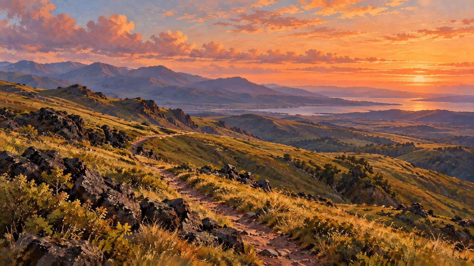A winding path through olive highlands beneath an apricot sky