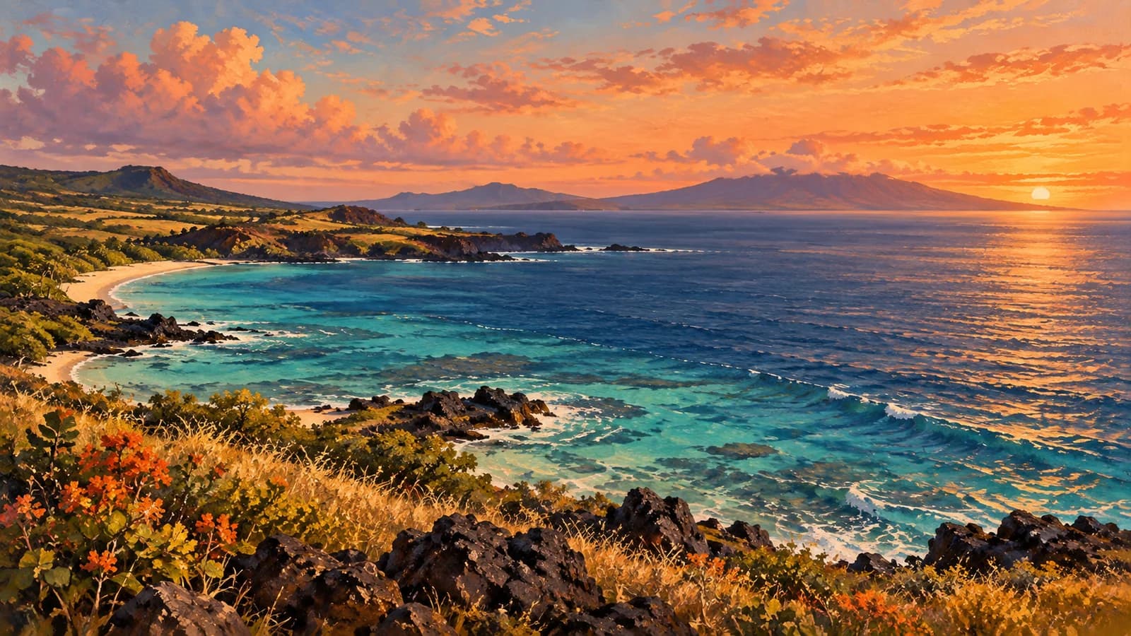 Turquoise island shallows opening onto an indigo sea at sunset