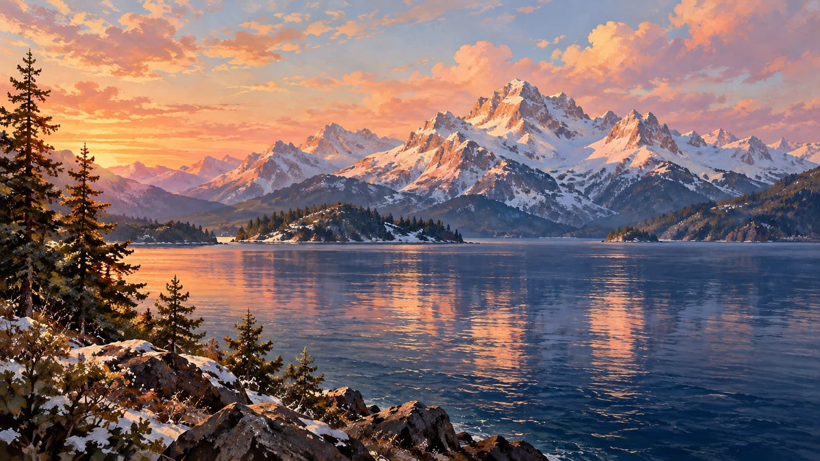 Rose sunrise on snowy mountain peaks across a sapphire lake