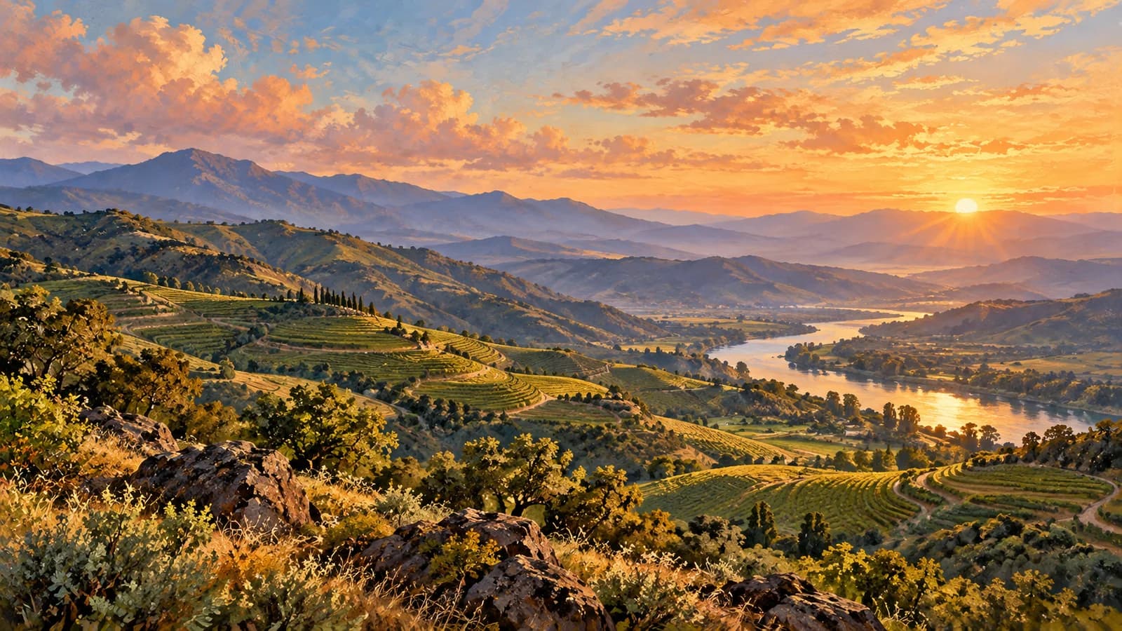Terraced green hills descending toward a river in warm sunrise light
