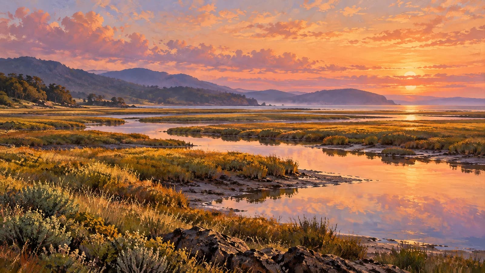 Reflective tidal channels winding through gold and sage coastal grasses