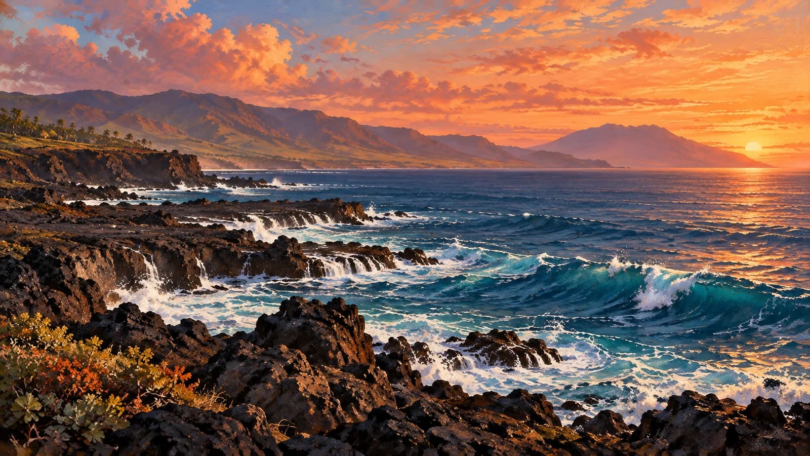 White surf against black volcanic rocks under a coral sunset