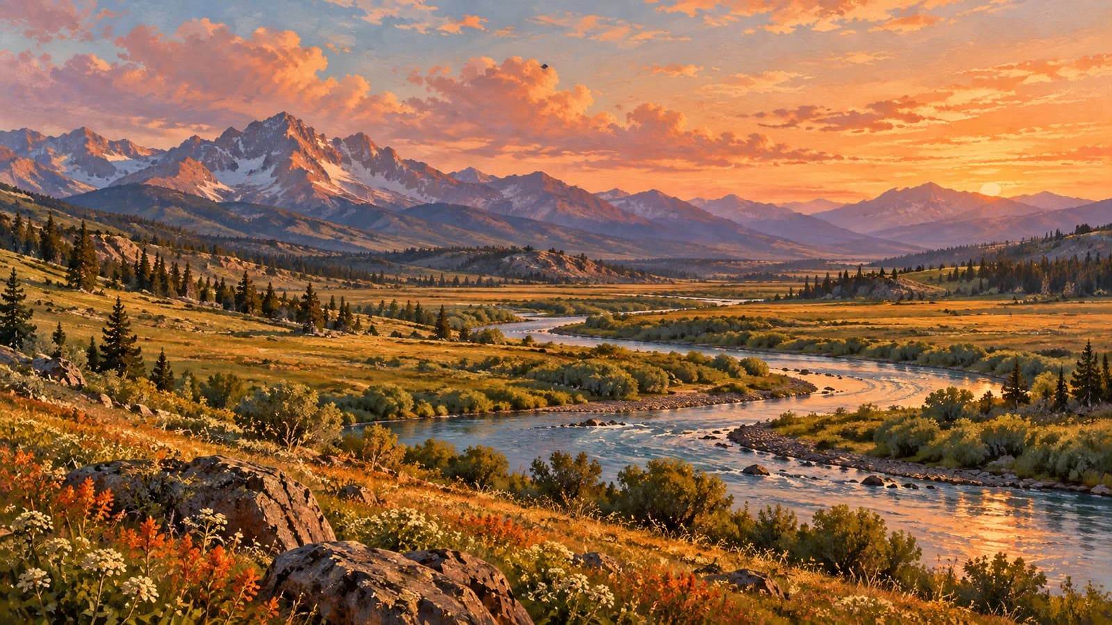 A sunlit wildflower meadow and a river leading toward distant peaks