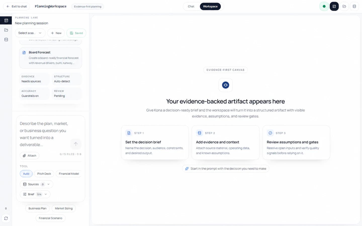 Kona's current signed-in Workspace view with unified Chat and Workspace navigation, evidence controls, and an artifact canvas