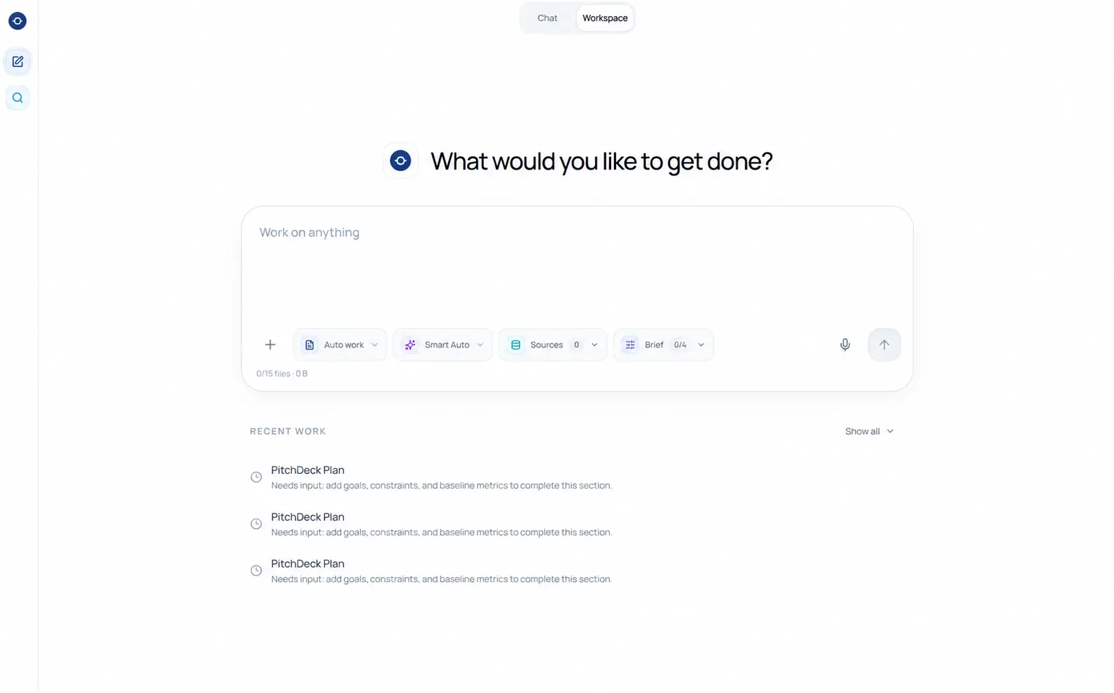 Kona Workspace empty state with an interactive work request composer and recent work history