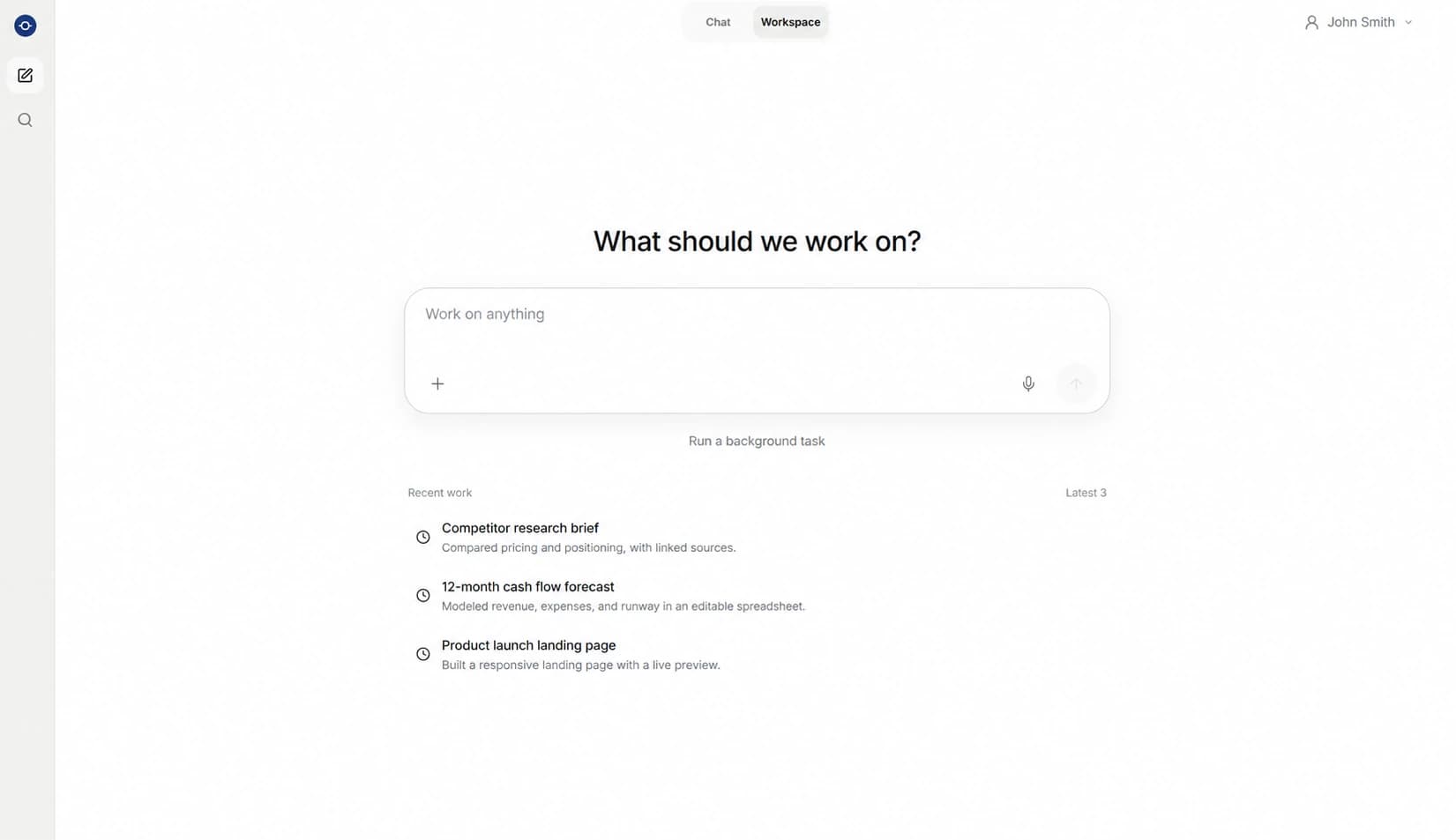 Kona Workspace demo for John Smith, with a work request composer and recent examples: a competitor research brief with linked sources, a 12-month cash flow spreadsheet, and a responsive product launch landing page with a live preview