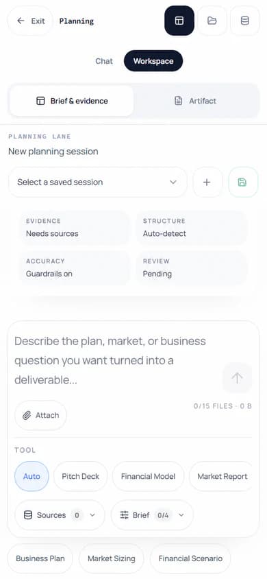 Kona's current signed-in Workspace view on mobile with unified Chat and Workspace navigation