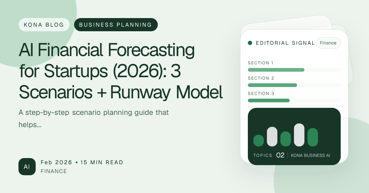 AI startup financial forecasting dashboard with scenario branches and runway metrics